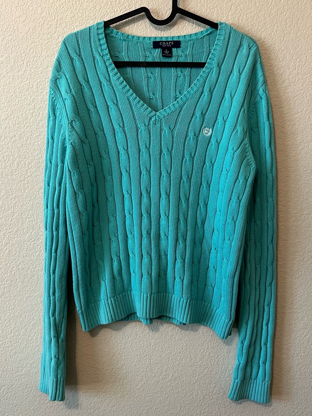 Chaps V-Neck Cable Knit Sweater - Aqua Teal